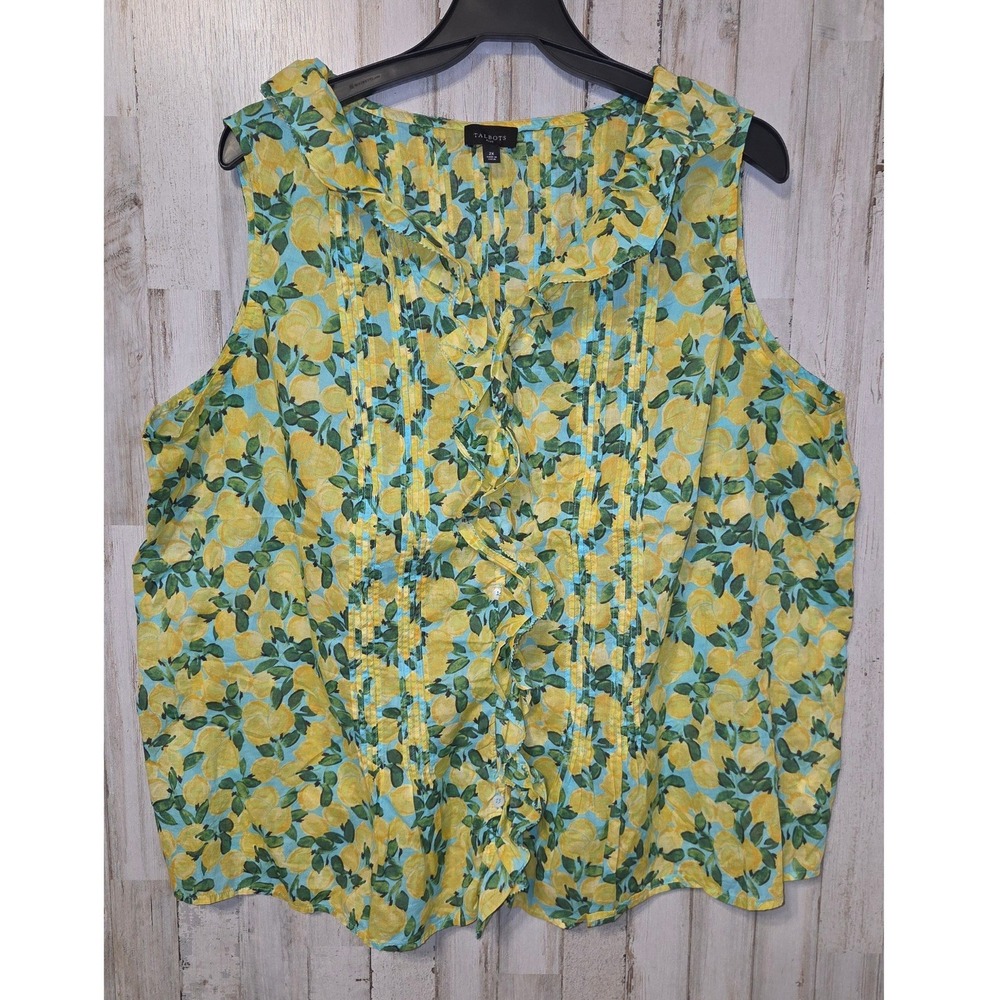 Talbots Plus 2X Ruffle Button Shirt Top Blouse lemons Sleeveless Cotton